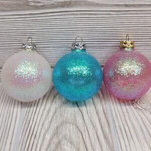 3 Germany Glitter Christmas Tree Ornaments‎ Pink Blue White Holiday Decor Vtg